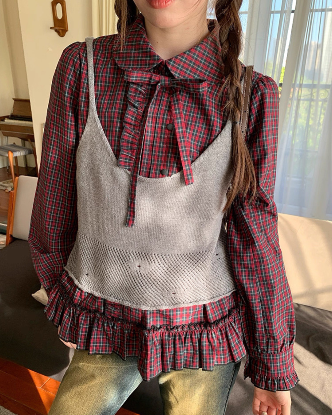 レトロチェックフリルシャツ