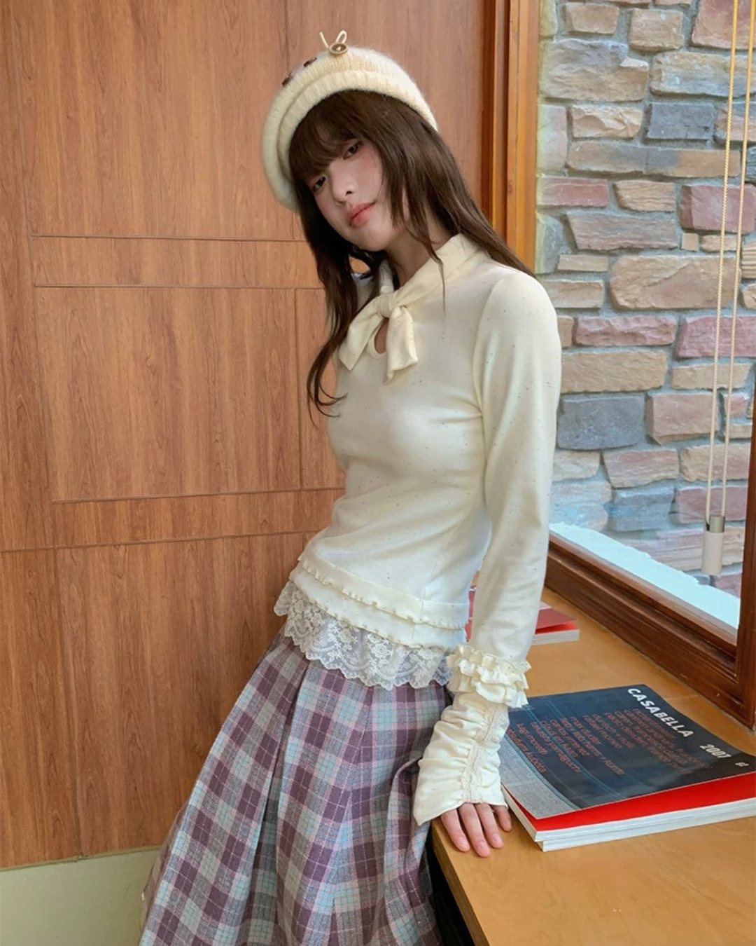 リボンフリルニットトップス