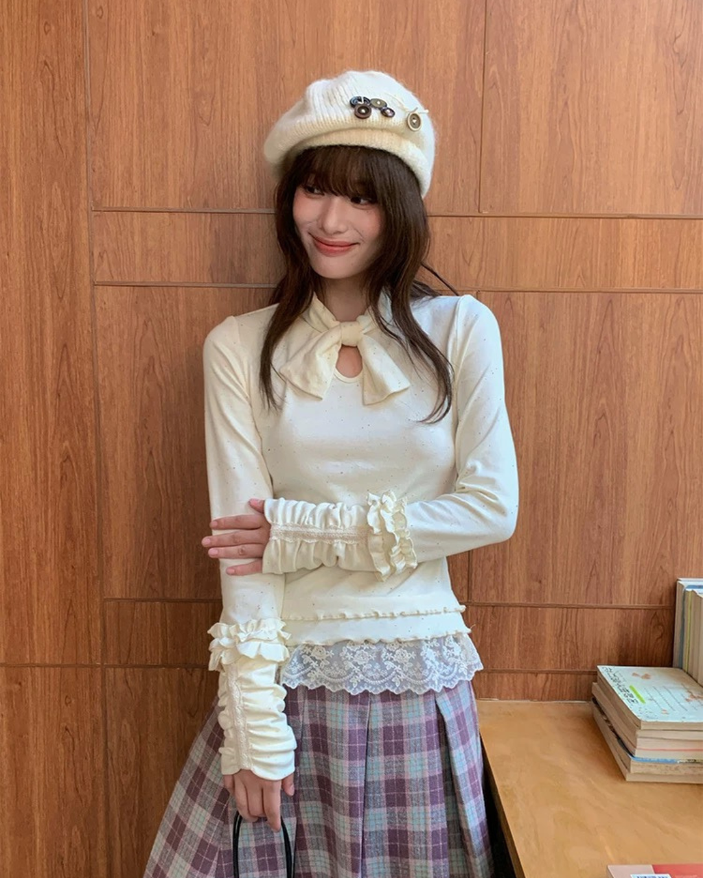 リボンフリルニットトップス