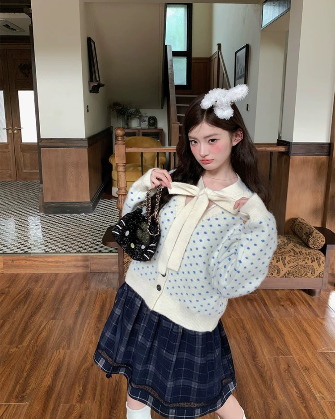 ドット柄リボンニット