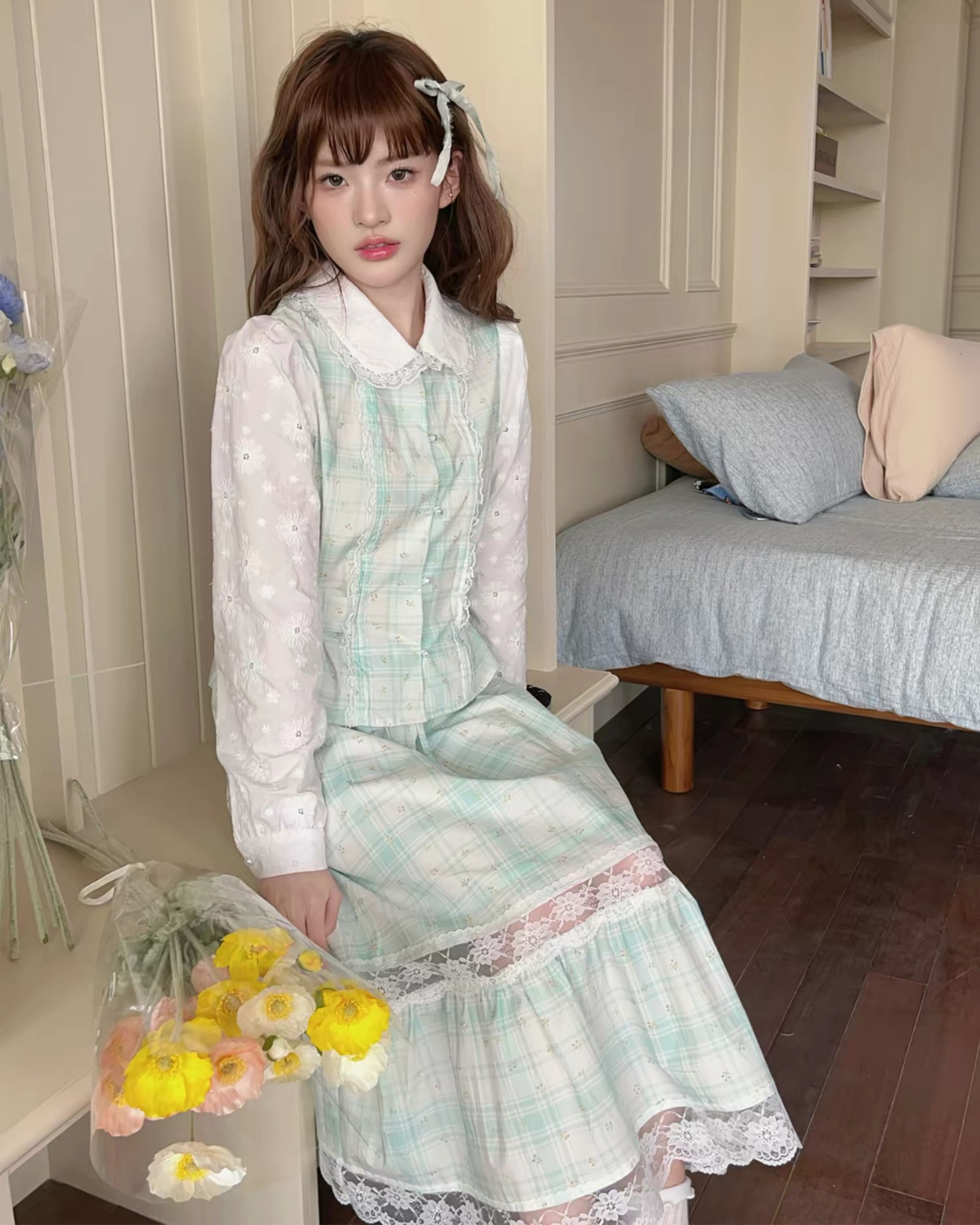 ミントグリーンレーススカート2set